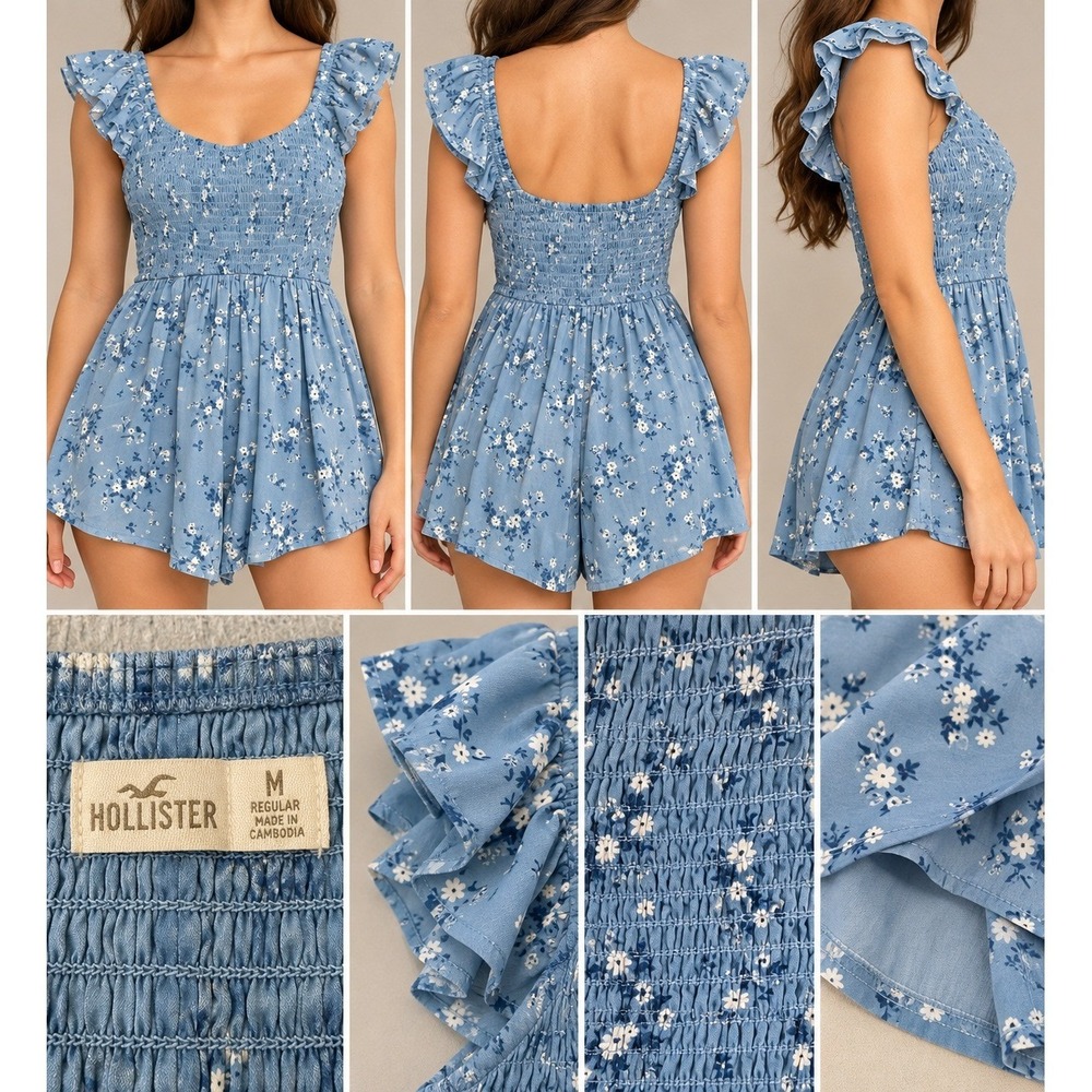 Hollister Romper Women M Blue Floral Smocked Ruffle Cottagecore Romantic